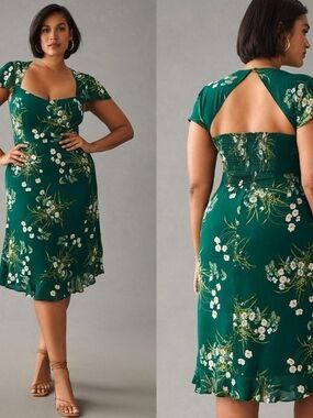 RIHOAS Emerald Green Floral Square-Back Midi Dress